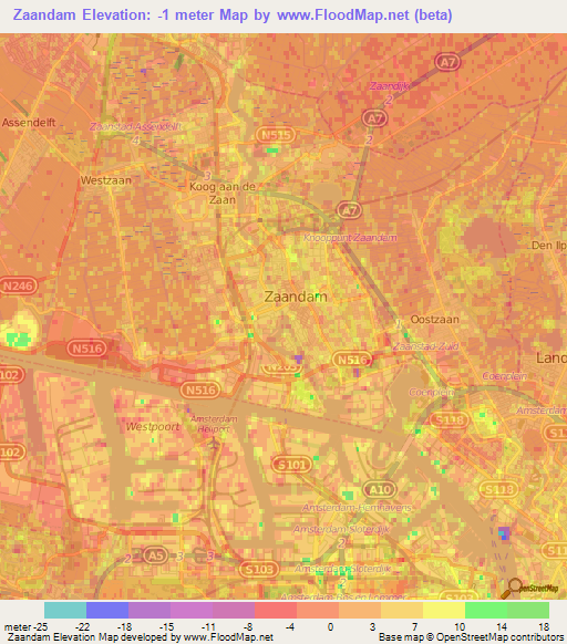 Zaandam,Netherlands Elevation Map