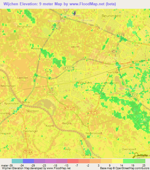 Wijchen,Netherlands Elevation Map