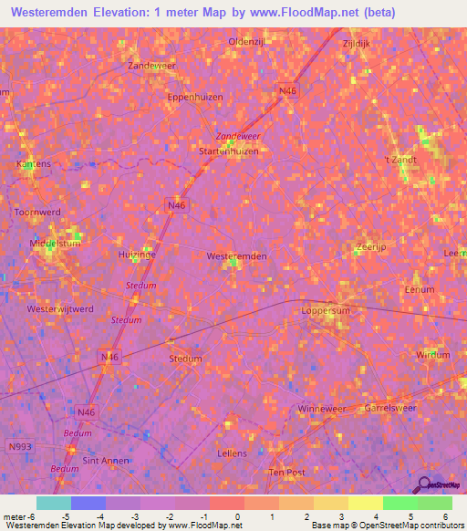 Westeremden,Netherlands Elevation Map
