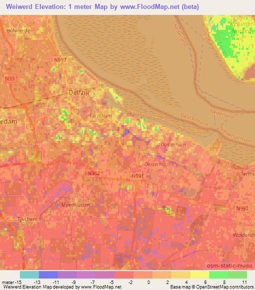 Weiwerd,Netherlands Elevation Map