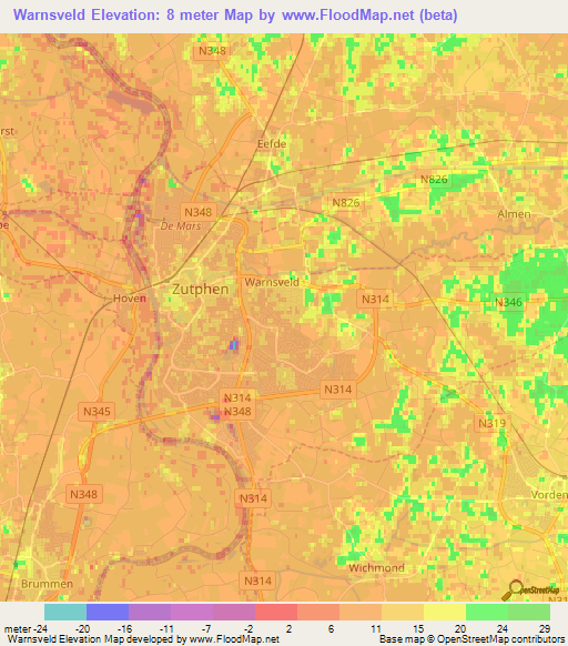 Warnsveld,Netherlands Elevation Map