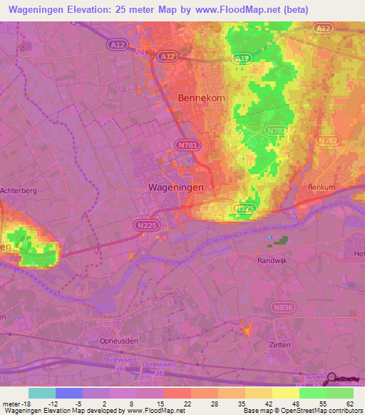Wageningen,Netherlands Elevation Map