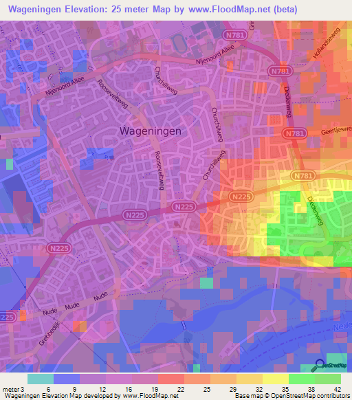 Wageningen,Netherlands Elevation Map