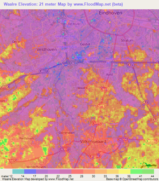 Waalre,Netherlands Elevation Map