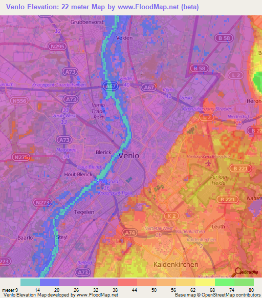 Venlo,Netherlands Elevation Map