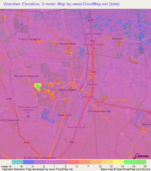 Veendam,Netherlands Elevation Map