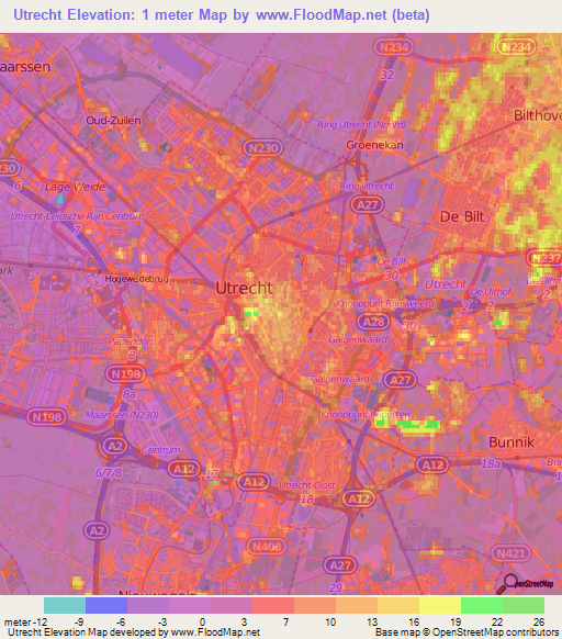 Utrecht,Netherlands Elevation Map