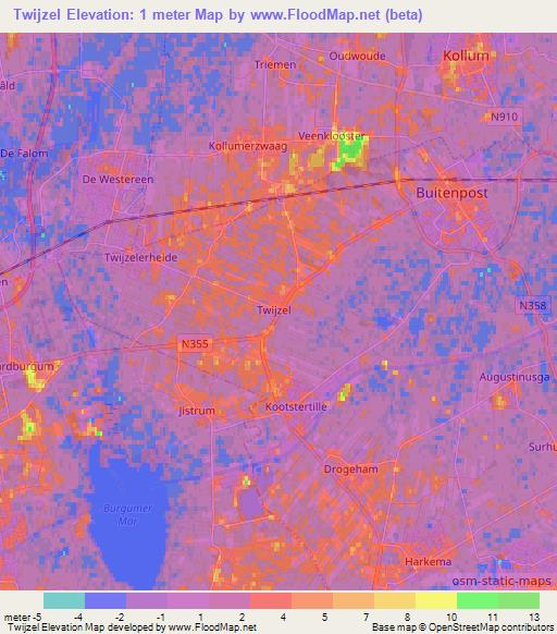 Twijzel,Netherlands Elevation Map