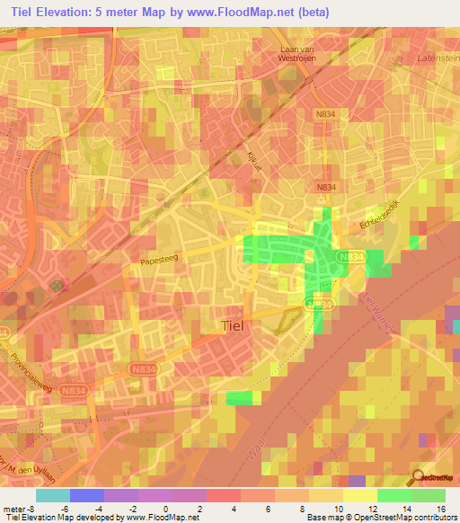 Tiel,Netherlands Elevation Map