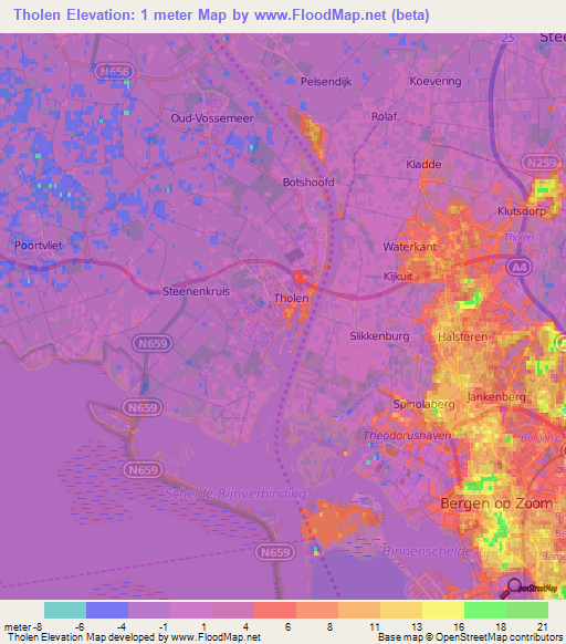 Tholen,Netherlands Elevation Map