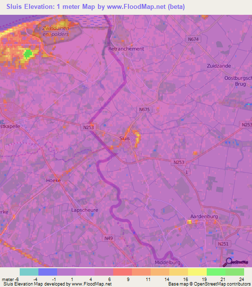 Sluis,Netherlands Elevation Map