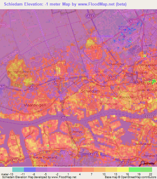Schiedam,Netherlands Elevation Map