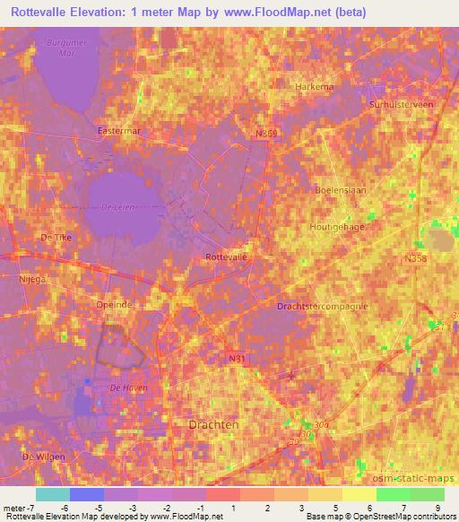 Rottevalle,Netherlands Elevation Map