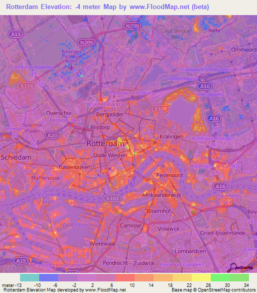 Rotterdam,Netherlands Elevation Map