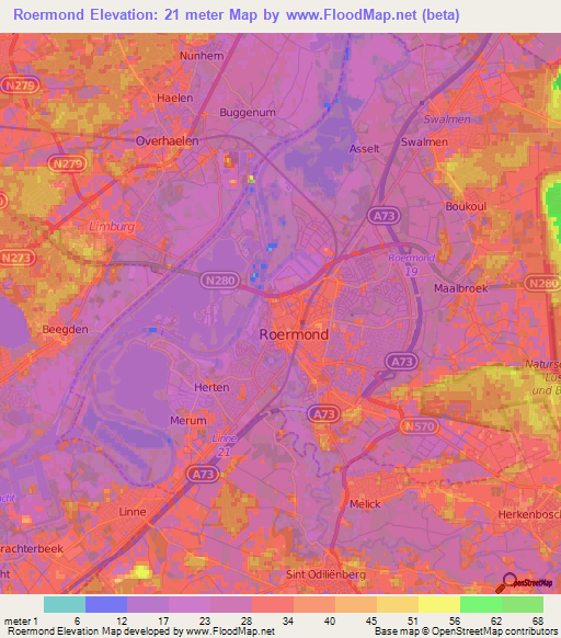 Roermond,Netherlands Elevation Map