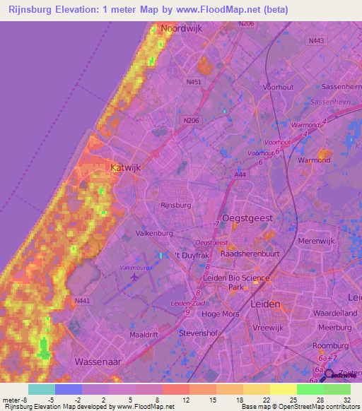 Rijnsburg,Netherlands Elevation Map