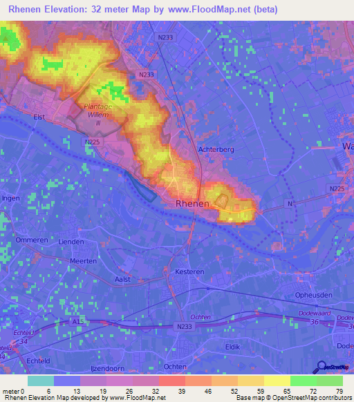 Rhenen,Netherlands Elevation Map