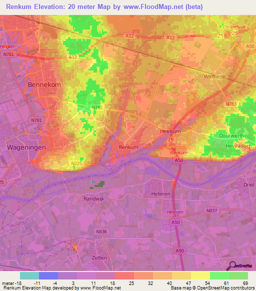 Renkum,Netherlands Elevation Map
