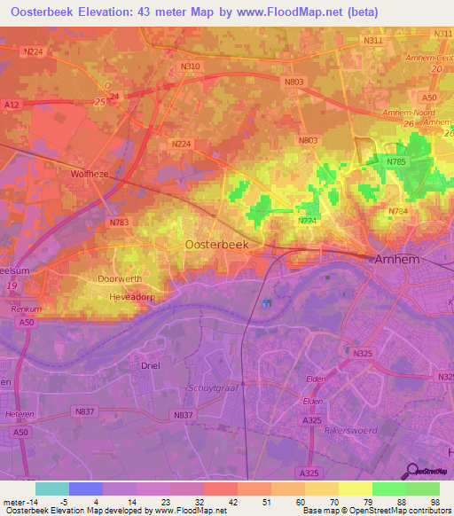 Oosterbeek,Netherlands Elevation Map