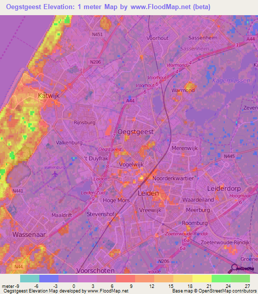 Oegstgeest,Netherlands Elevation Map