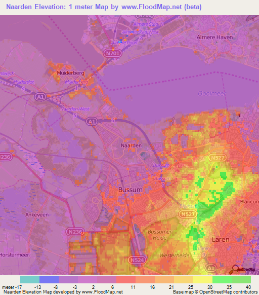 Naarden,Netherlands Elevation Map