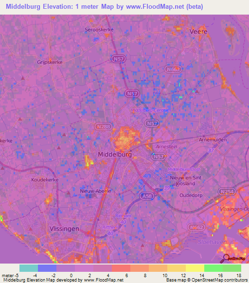Middelburg,Netherlands Elevation Map