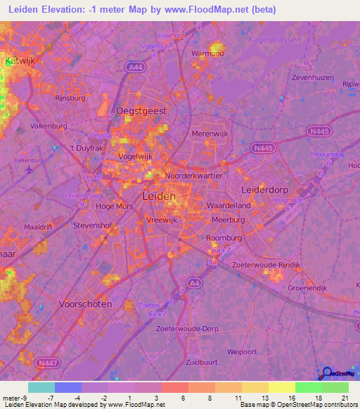 Leiden,Netherlands Elevation Map