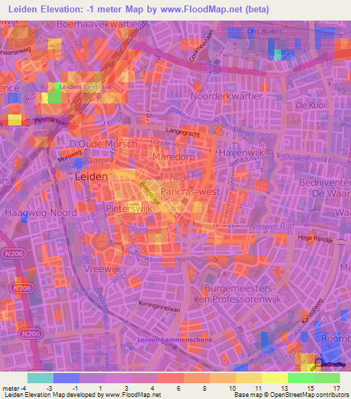 Leiden,Netherlands Elevation Map