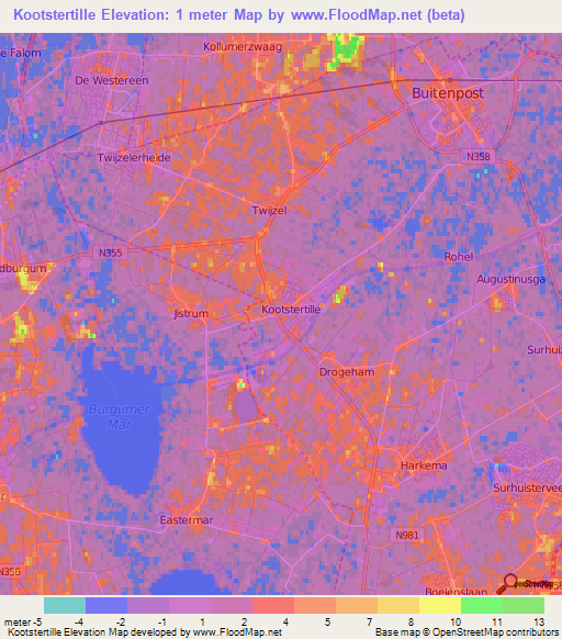 Kootstertille,Netherlands Elevation Map