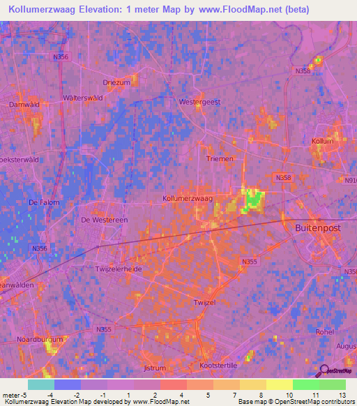 Kollumerzwaag,Netherlands Elevation Map
