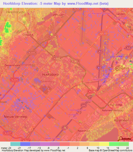 Hoofddorp,Netherlands Elevation Map