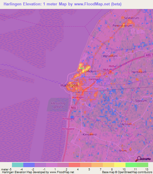 Harlingen,Netherlands Elevation Map