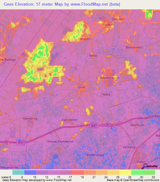 Gees,Netherlands Elevation Map