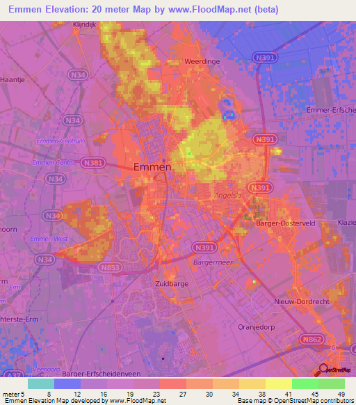 Emmen,Netherlands Elevation Map