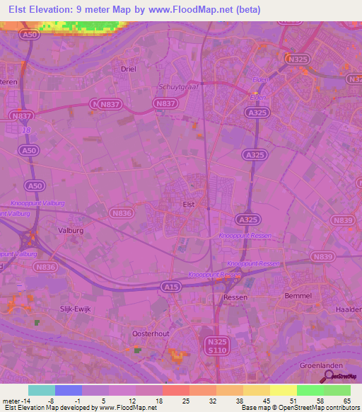 Elst,Netherlands Elevation Map