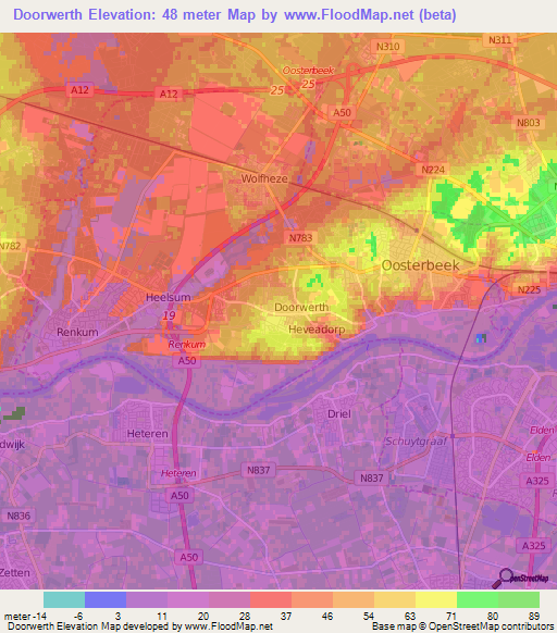 Doorwerth,Netherlands Elevation Map