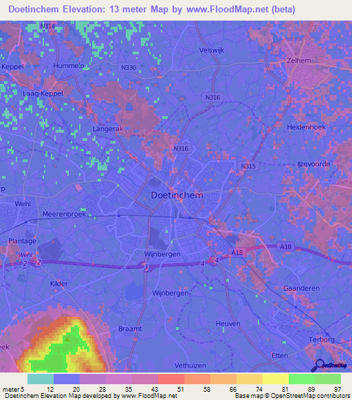 Doetinchem,Netherlands Elevation Map