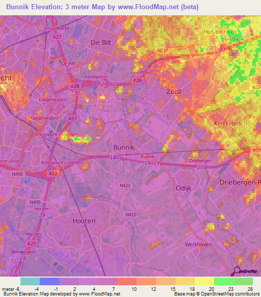 Bunnik,Netherlands Elevation Map