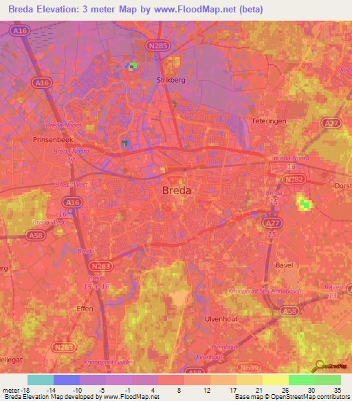 Breda,Netherlands Elevation Map