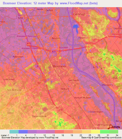 Boxmeer,Netherlands Elevation Map