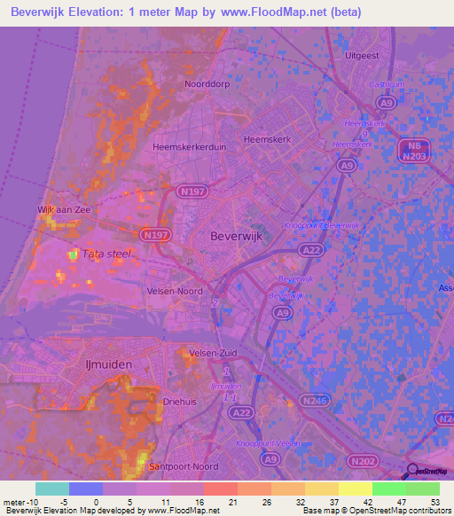 Beverwijk,Netherlands Elevation Map