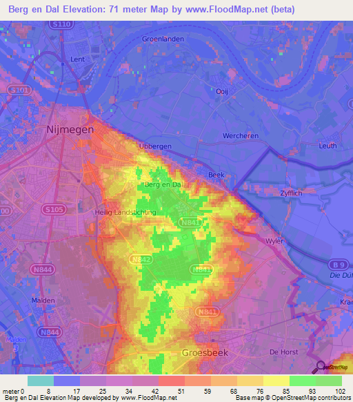 Berg en Dal,Netherlands Elevation Map