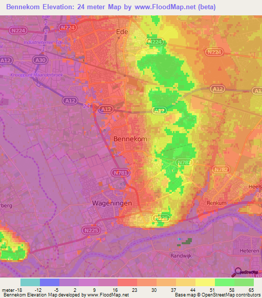 Bennekom,Netherlands Elevation Map