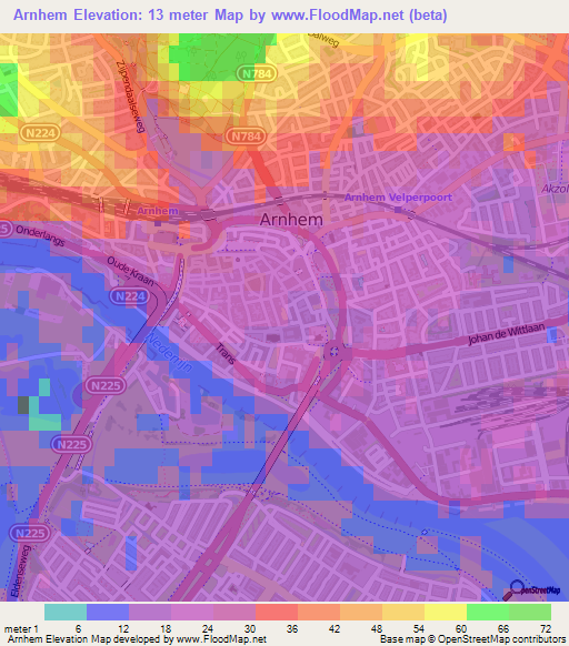 Arnhem,Netherlands Elevation Map