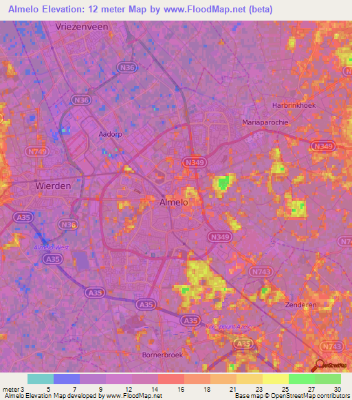 Almelo,Netherlands Elevation Map