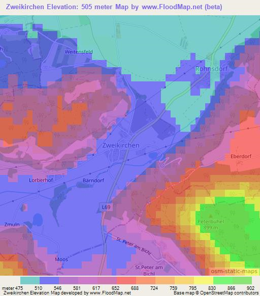 Zweikirchen,Austria Elevation Map