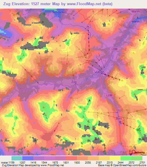 Zug,Austria Elevation Map