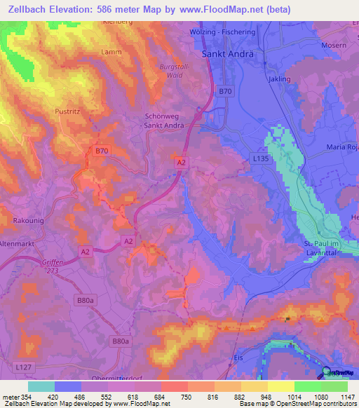 Zellbach,Austria Elevation Map