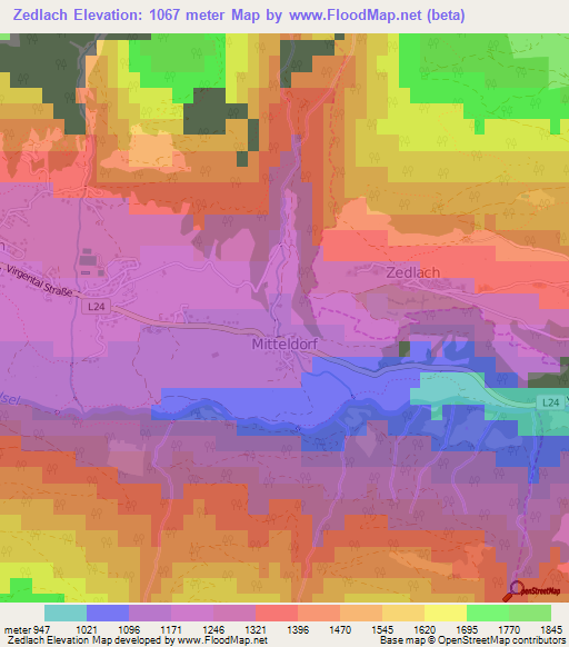 Zedlach,Austria Elevation Map