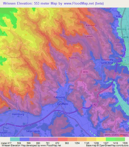Wriesen,Austria Elevation Map